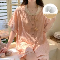Piyama Musim Panas Wanita Mewah Korea, Motif Beruang Kecil Lucu, Lengan Pendek, Celana Pendek, Gaya Putri dengan Renda, Setelan Baju Rumah dengan Bantalan Dada