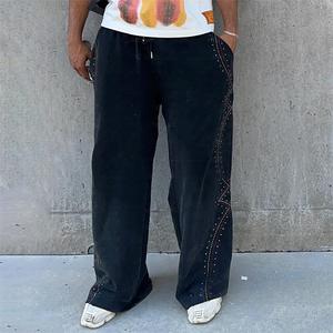 Pantalon de survêtement en coton épais unisxe surdimensionné à jambe droite pantalon de survêtement Baggy lavé vintage avec strass personnalisé pour hommes - Product Image 1