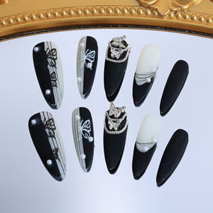 Uñas postizas acrílicas de lujo hechas a mano al por mayor, forma almendrada larga, cobertura completa, puntas francesas, diseño de mariposa, para mujeres - Product Image 2