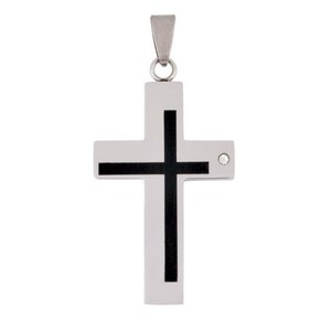 Ciondolo a Croce in Acciaio con Intarsio Nero e Accento di Diamante - Product Image 1