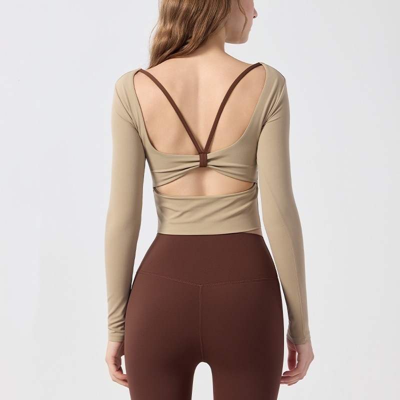Women's Shockproof Padded Sexy Backless Long Sleeves Workout Gym Fitness Shirts Y-Line Hollow Back Pilates Yoga Top