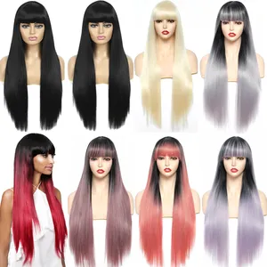 X-TRESS Harga Pabrik Baru 29 Inci Rambut Lurus Panjang Wig Renda Depan dengan Poni Tahan Panas Wig Sintetik untuk WANITA HITAM