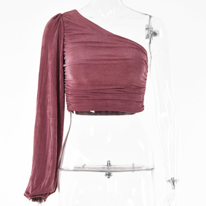 Blusa de Mujer de Manga Larga con Hombro Descubierto y Pliegues, Color Sólido, Naranja, Azul, Gris, Negro, para Uso Diario - Product Image 5