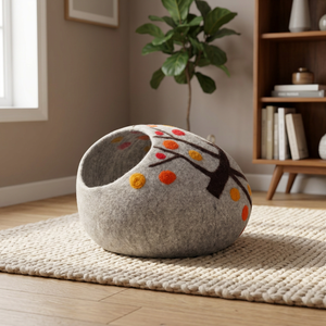 Nouvelle Tanière Douillette pour Chat en Feutre Doux avec Fermeture Push-Up, Motif à Pois, Style Classique, Respirante, en Laine de Nouvelle-Zélande pour l'Hiver - Product Image 3