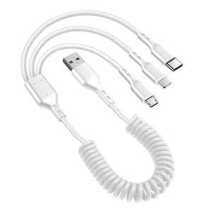 Fast Charging 3 in 1 Coiled Spring Retractable 1.8M USB Car Data Cable For Mobile Phone