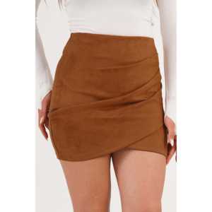 Jupe mini asymétrique drapée taille haute en suède pour femme, en similicuir souple couleur tan - Product Image 6