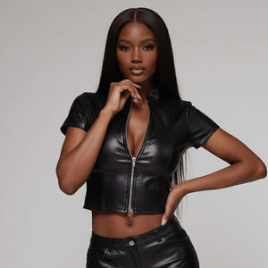 Top Corto de Cuero PU de Alto Brillo, Camiseta de Manga Corta con Cierre Frontal, Ropa Sexy Ajustada para Mujer - Product Image 1
