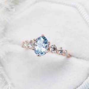 Delicate Fantastic S925 Sterling Silver Rose Gold Round <b>CZ</b> Oval Blue Aquamarine Engagement <b>Ring</b> Cluster Dainty <b>Rings</b> - Product Image 2