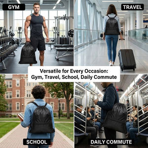 Mochila impermeable con cordón al por mayor barata con conector para auriculares Mochila deportiva informal mochila con cordón negra con logotipo - Product Image 6