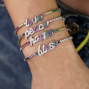 Promotie Rainbow Cz Tennis Chain Armband Sieraden Verstelbare Maat Voor Vrouwen Kleurrijke Brief Gelukkig Vrede Set Bruiloft Sieraden