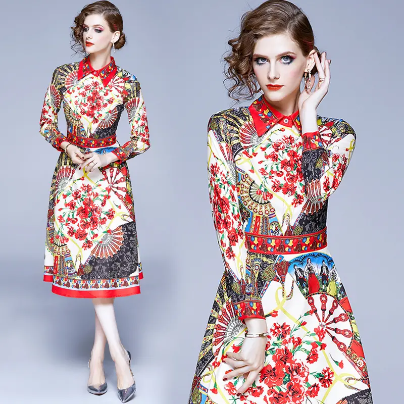 Readymade 재고 유럽 스타일의 새로운 디자인 패션 긴 소매 캐주얼 꽃 프린트 드레스 여성 레이디 우아한