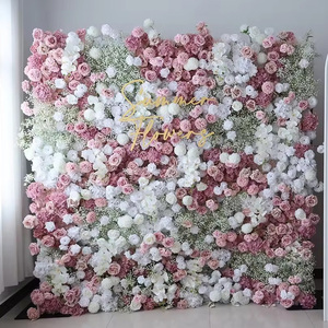 Panneau mural de fleurs rouges de haute qualité bon marché toile de fond enroulable décoration de mariage mur de fleurs - Product Image 4