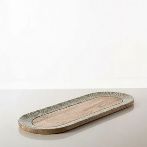 Oval Wood Platter With Geometric Edge Design Handmade Decorative Serving <b>Tray</b> - Product Image 1