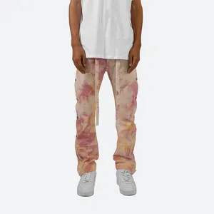 Premium Jeans Tie Dye Pink Custom Button Side Brand Jogging Straight Leg Sweatpants Men's Jeans