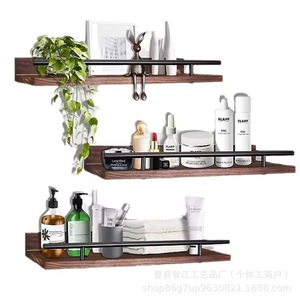 Wooden <b>floating</b> <b>shelf</b> with black metal railing <b>wall</b> decoration <b>shelf</b> for bathroom toiletries and toilet paper storage - Product Image 5