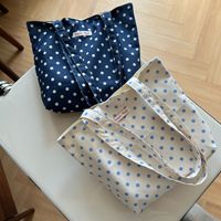 Tas Tote Kanvas Katun Motif Polkadot Segar Minimalis Wanita, Tas Tangan Bahu Kasual Serbaguna untuk Penggunaan Sehari-hari