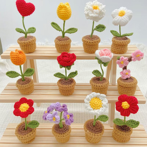 Mini fleurs en pot au crochet faites à la main, ornement en forme de tulipe, marguerite, rose ou cœur tricoté, petite plante au crochet pour décoration de bureau, cadeau - Product Image 3