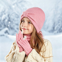 Nouvel ensemble trois pièces pour enfants européens et américains : chapeau, écharpe et gants, bonnet bébé d'hiver épais et rembourré avec pompon unique