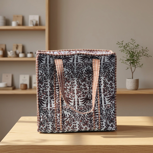 Bolso Tote de Algodón con Diseño Floral Bohemio, Asas a Rayas, Cierre de Cremallera, Gran Capacidad, Diseño Acolchado, Moda para Todas las Temporadas - Product Image 5