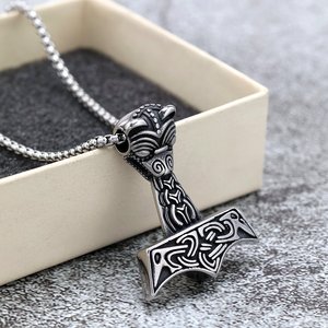 Nordic Retro Stainless Steel Men's Thor Hammer Pendant Necklace Gift Jewelry Geometric Design Asymmetry Pattern <b>Cross</b> Shape - Product Image 1