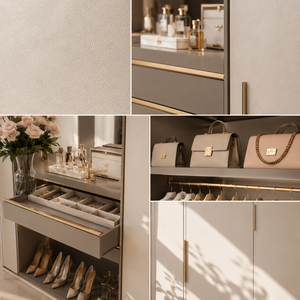 Dressing intégré moderne sur mesure avec zones de suspension, rangements à tiroirs et meuble-lavabo intégré, fabriqué sur commande - Product Image 1
