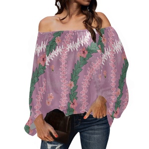 Camicetta in Chiffon con Stampa Floreale Personalizzata Hawaiana Puakenikeni, Top Sexy a Maniche Lunghe con Spalla Scoperta per <span class=keywords><strong>Donna</strong></span> - Product Image 2