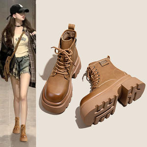 2025 nuovo stile britannico con suola spessa in pelle di mucca da donna con plateau alla caviglia marrone tacchi pesanti traspiranti autunno/inverno versatili - Product Image 2