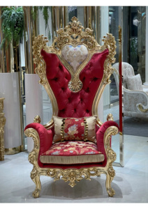 Sedia di Lusso in Stile Francese per Soggiorno, Schienale Alto in Legno di Faggio Intagliato a Mano, Seduta in Tessuto con Foglia d'Oro e Imbottitura Morbida, Modello King Queen Royal Red - Product Image 4