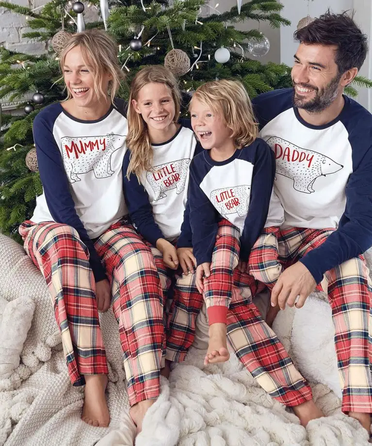 Pijamas de natal, conjunto de duas peças para família, pijama estampado e verificado para família e calças xms