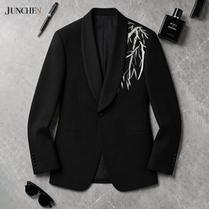 <span class=keywords><strong>Costume</strong></span> pour <span class=keywords><strong>homme</strong></span> au design <span class=keywords><strong>oriental</strong></span> moderne, veste formelle à col châle avec motif bambou doré pour les garçons d'honneur - Product Image 1