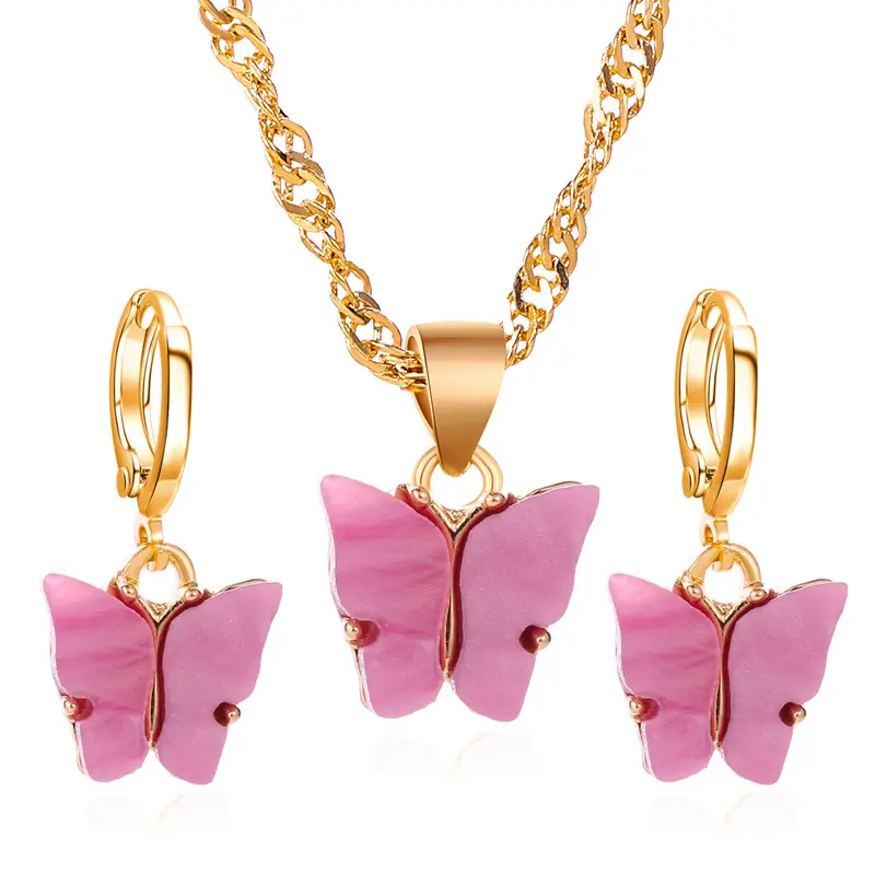Wholesale Sweet Acrylic Butterfly Necklace Jewelry Set Gold Plated Huggie Earring Butterfly Necklace and Earrings Set for Women