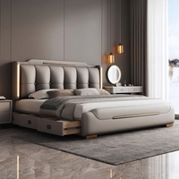 Lit de rangement luxueux de style européen moderne JUNYUHAO, en cuir premium, mousse haute densité, certifié E0, cadre en pin, taille King/Queen
