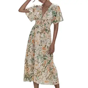 2022 Zomer Heetste Vrouwen Hoge Taille Casual Lange Jurken Beach Wear Sexy V-hals Party Dress Bloemen Gewaad Plage Boho