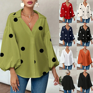 Top Casual da Donna in Chiffon con Maniche Lunghe a Palloncino, Stile Retrò Francese a <span class=keywords><strong>Pois</strong></span>, Personalizzabile con Logo OEM ODM, Basso MOQ - Product Image 2