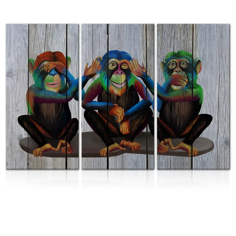 3 Pieces Funny Gorilla Wall Art Modern Monkey Animal Canvas Print Wooden Background See Hear Speak No Evil Ape Chimpanzee Prints