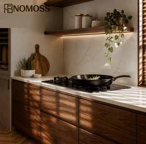 Meuble de cuisine moderne haut de gamme en pin, sans poignée, écologique, résistant à l'eau, avec étagères ouvertes à LED pour cuisine haute - Product Image 2