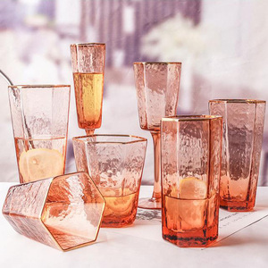 Vaso Hexagonal <span class=keywords><strong>de</strong></span> Vidrio Ámbar con Borde Dorado, Nuevo Diseño Solhui <span class=keywords><strong>2021</strong></span> - Product Image 1