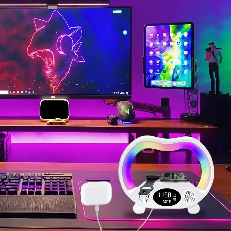 Multifunzione a forma di G caricatore Wireless lampada a LED da comodino luce notturna digitale RGB sveglia lampada Wireless caricabatterie altoparlanti