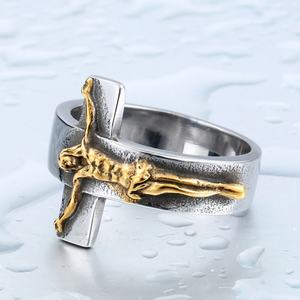 Men's <b>Ring</b> Stainless Steel Jesus Cross Band Crucifix <b>Ring</b> Silver Gold <b>Rings</b> Men's Vintage Casting 18K PVD Gold Plating - Product Image 3