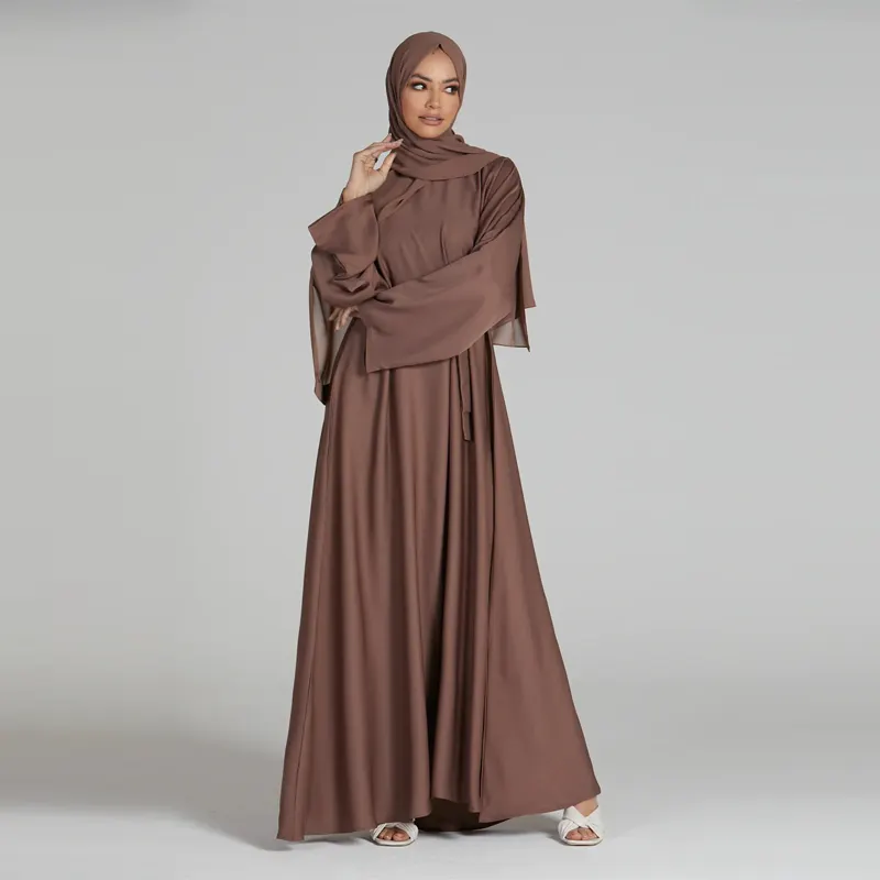 Hồi giáo EID 100% polyester nidha Dusky Taupe ô cắt vành đai đóng Crew Neck abaya phụ nữ hồi giáo Ăn mặc