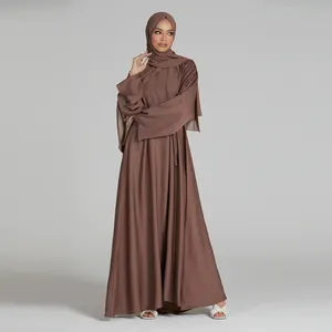 Muslim Eid 100% Polyester Nidha Dusky Taupe Umbrella Cut Belt Closed Crew Neck Abaya Women Muslim Dress