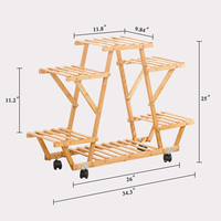 Support mobile à 4 niveaux et robuste pour décoration de jardin en bambou naturel avec roulettes, étagère pour pots de fleurs.