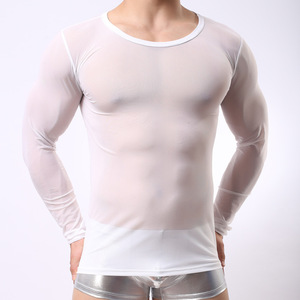 Maglietta a Maniche Lunghe Trasparente in Rete per Uomo, T-Shirt Aderente See-Through alla Moda - Product Image 2