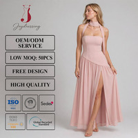 Robe longue élégante Joydressing rose poudré avec col écharpe, fente haute sexy et dos lacé – Robes de soirée en gros personnalisables
