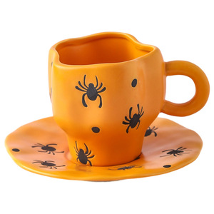 Halloween Ceramic Coffee <strong>Cup</strong> and Saucer, Irregular Design Mug with Pumpkin Bat Pattern - Product Image 1