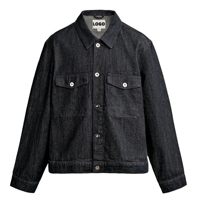 Veste en jean noire pour homme, personnalisable avec logo, OEM, style vintage délavé, avec double poche poitrine et écusson arrière, vente en gros