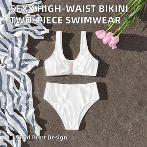 Sexy Solid High-Waist <b>Bikini</b>-Women's 2 Piece <b>Set</b> Handmade OEM Service Anti-Chlorine UV Protection Beach Swimwear Wholesale - Product Image 2