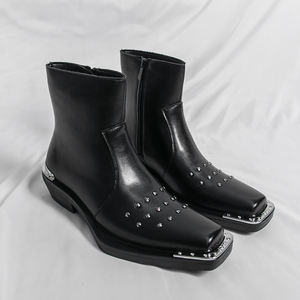 Bottes Chelsea tendance pour hommes, à bout carré et embout renforcé, rehaussantes, en cuir, à enfiler, pour la saison automne-hiver - Product Image 6