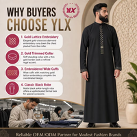 Thobe Jubbah pour homme personnalisé, noir et or, broderie géométrique, col montant, OEM ODM, taille sur mesure