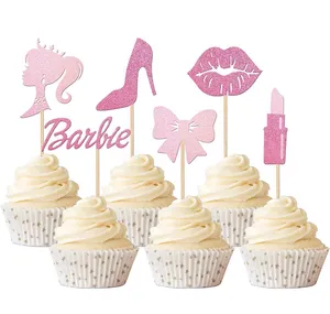 6 Stuks Prinses Cupcake Toppers Glitter Roze Meisje Cupcake Picks Strik Lippenstift Stropdas Hoge Hak Cake Decoraties Voor Bruiloft Y945